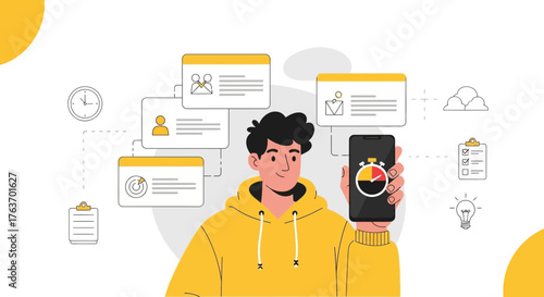 A man using an app on his phone to manage time and tasks for productivity goals