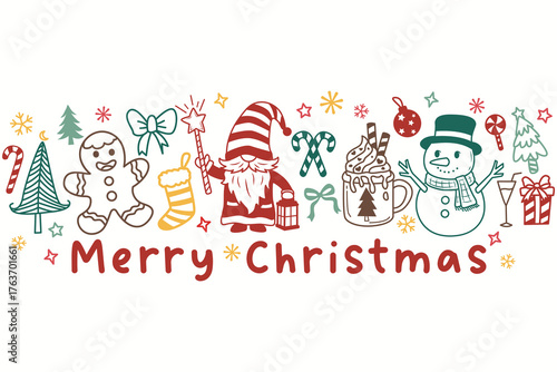 Merry christmas and happy newyear with gnome and snowman, gingerbread, christmas tree, Cute Christmas cartoons in winter vector illustration design for christmas card, sticker, poster, banner.