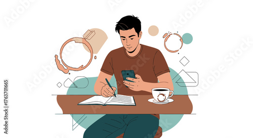 A man using his phone and writing in his notebook next to a cup of coffee and stains