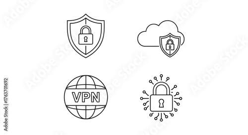 Vector illustration of set of security icons, includes shield with padlock, cloud security, vpn on globe, and digital lock for data protection