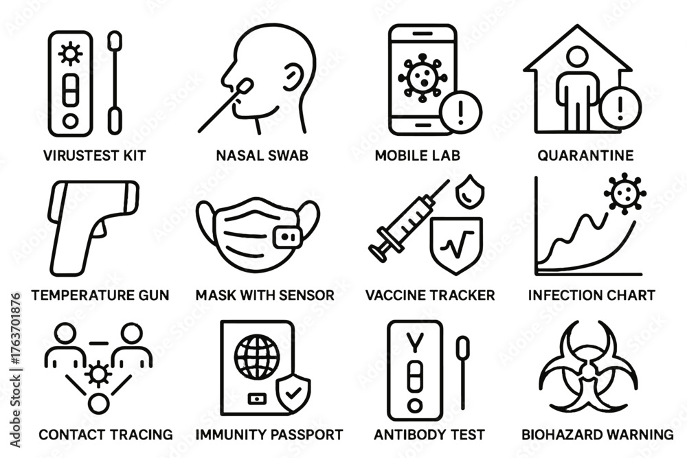 Fototapeta premium Warning alert pandemic immunity icon diagnostic chart vector icons gun test tracker