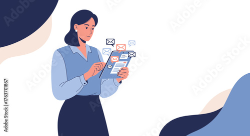 a woman checking emails on her tablet, business communication illustration vector design