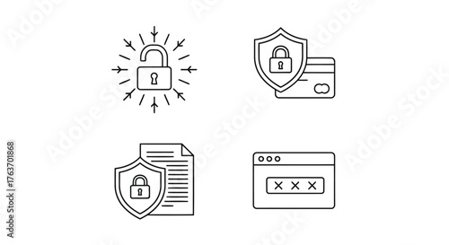 Vector illustration of set of security icons representing data protection, financial safety, document security, and password protection