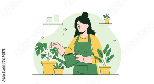 A woman tending to her houseplants, watering them with a green watering can, simple illustration