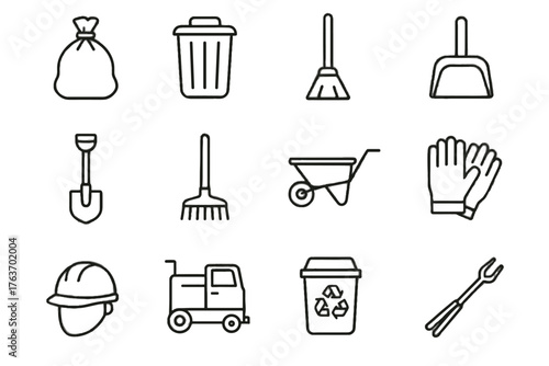 Waste icons bag tongs recycling garbage management dustpan compactor vector icon wheelbarrow