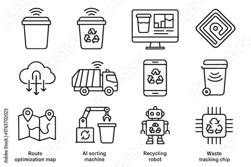 Filling smart management recycling optimization monitoring sorting waste vector bin truck icon