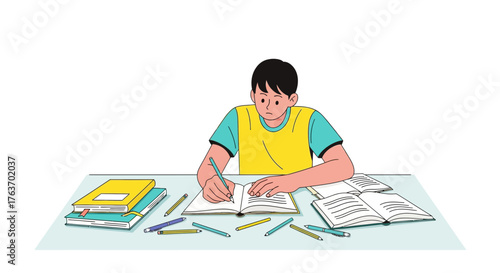 A Young Boy Studying at his Desk Surrounded by Books and Pencils