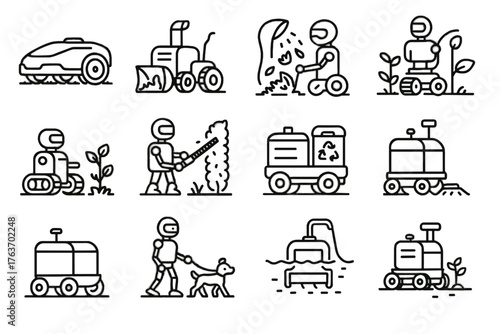 Hedge mower delivery trimmer collector icons machine icon robotic vector grid seed