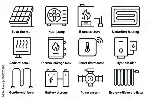 Panels stove biomass boiler icons geothermal vector storage heating unit icon system