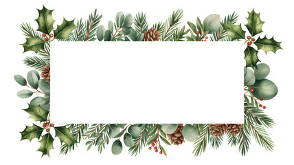 Elegant winter holiday border design featuring pine, holly, eucalyptus, and pinecones perfect for festive invitations or seasonal greetings.