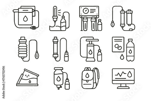 Chemical vector backpack icons purification purifier bottle survival water filtration icon response