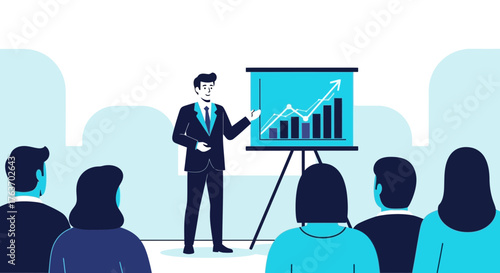 Business presentation with a graph showing growth and an audience of people attending