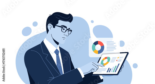 Business professional analyzing data on a tablet device, presenting a financial report