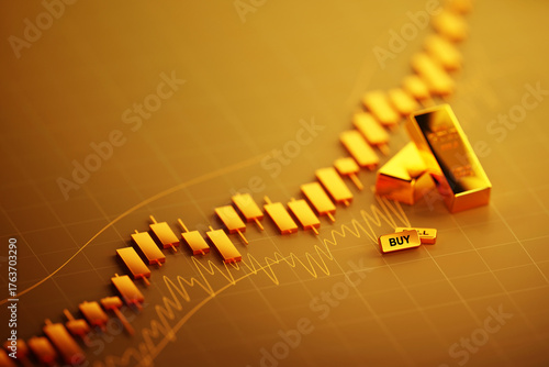 Gold bars on a financial chart represent investment growth and trading strategy.