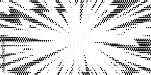 Hexagon halftone gradient texture. Abstract black grunge background. Geometric retro halftone tech overlay. Fading wavy hexagonal pattern backdrop. Vector vanishing honeycomb grunge bitmap wallpaper