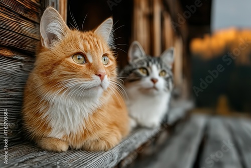 Two cats relax on a wooden ledge at dusk with a beautiful natural background in soft focus