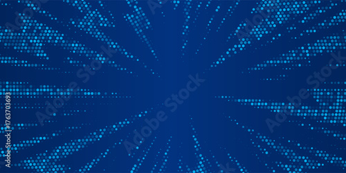 Glowing blue dotted texture. Abstract curved dot grid wallpaper. Circle halftone pattern background. Dark navy backdrop for technology, business, science, healthcare, medicine design. Vector
