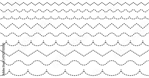 Wave line patterns. Curved corrugated stripes. Dashed squiggle border dividers.