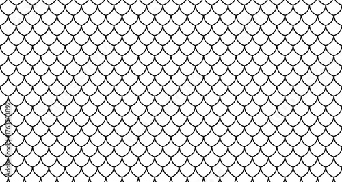 Fish and dragon scale pattern. Seamless snake skin texture. Black linear mermaid scallop.