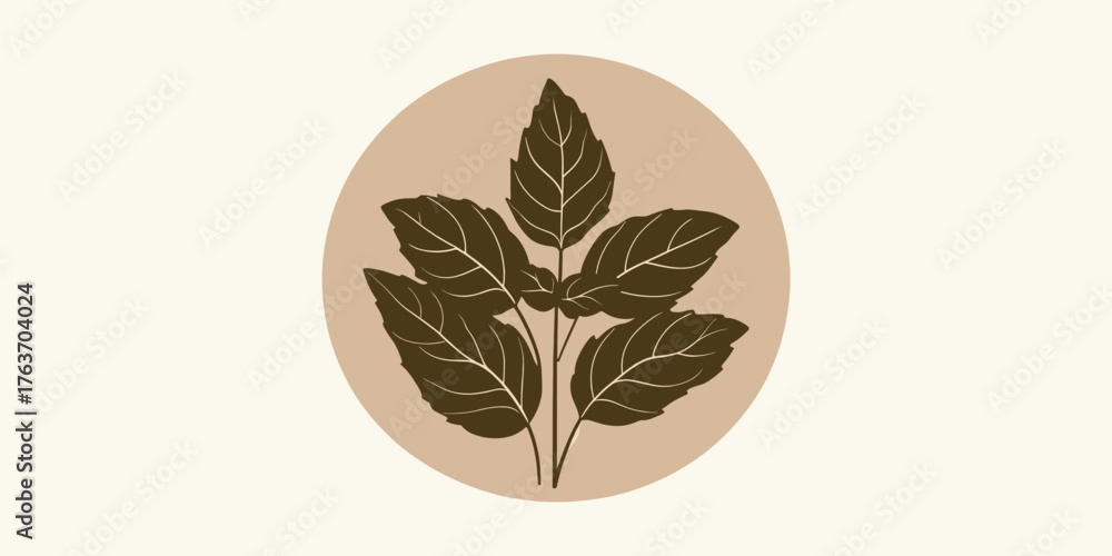 Obraz premium Illustration of a sprig of dark green leaves in a circular emblem, conveying a natural and organic feel