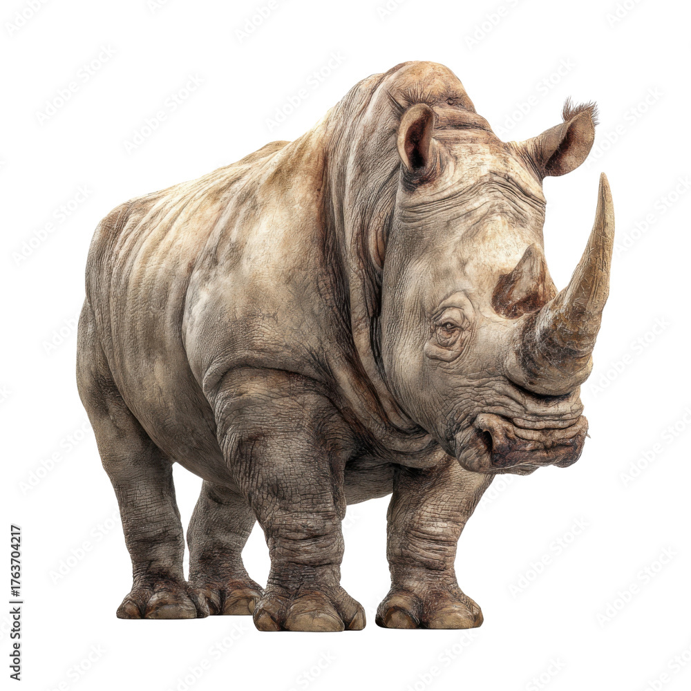 Obraz premium Majestic Rhinoceros: A formidable rhinoceros stands tall, showcasing its thick, textured hide and iconic horn, a symbol of strength and resilience.
