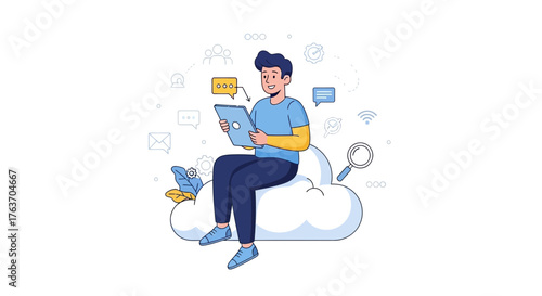 A Person Using Tablet on Cloud Represents Digital Communication And Work