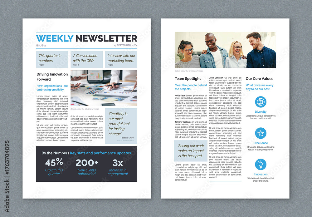 Bold Newsletter Layout with Blue Accents Stock Template | Adobe Stock