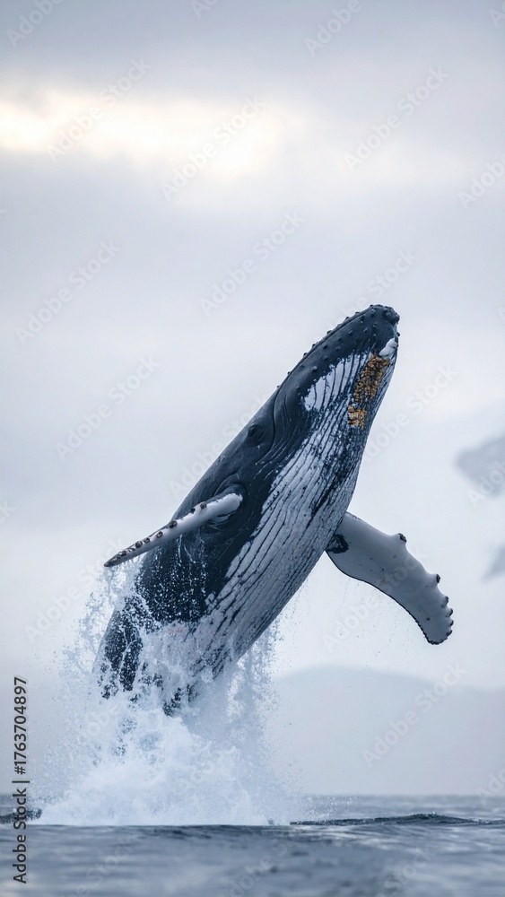 Fototapeta premium Majestic humpback whale breaching out of the ocean water.
