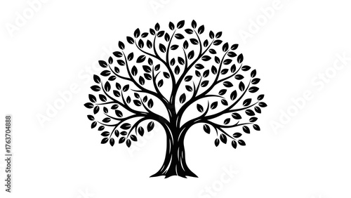 Stylized Black Silhouette of a Leafy Tree black and white isolated on a transparent background