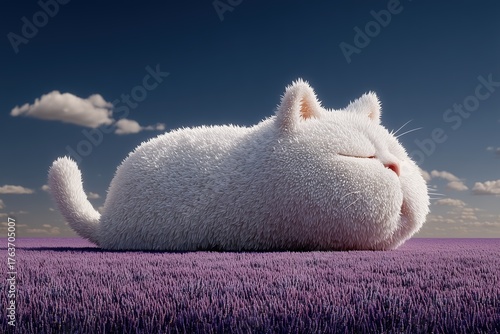 Fluffy white cat resting peacefully on vibrant purple lavender field under clear blue sky