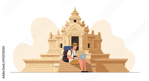 Adventurer Using Technology at Historic Temple during a Digital Nomad Expedition