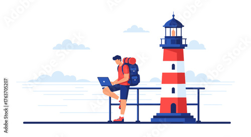 Adventurous Traveler Using Laptop Near A Lighthouse for Modern Communication