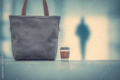 Stylish tote bag and coffee cup stand on a table with a blurred figure in the background at a cafe during morning hours