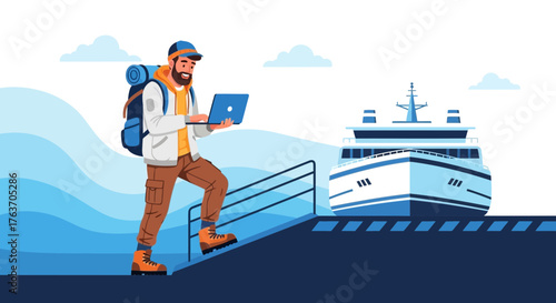 Adventurous Traveler Working Remotely On Laptop Preparing To Board Ferry Boat