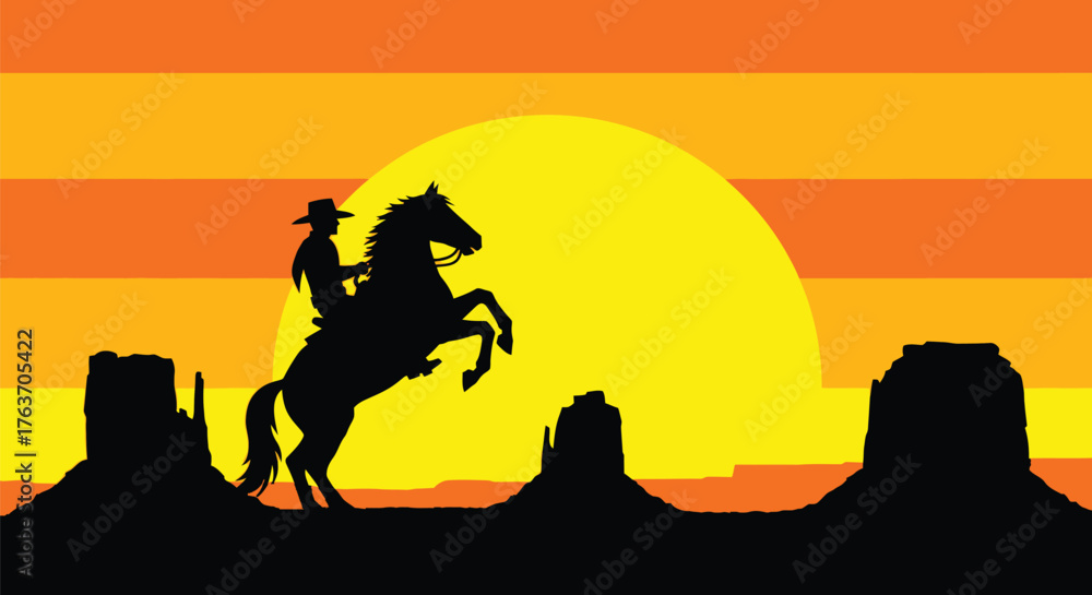 Naklejka premium Wild west cowboy riding horse silhouette at sunset illustration