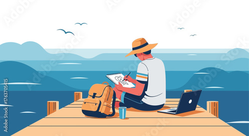 Artist, Dock, Beach, Sea, Landscape, Drawing, Sketch, Journey, Travel, Creative Artwork