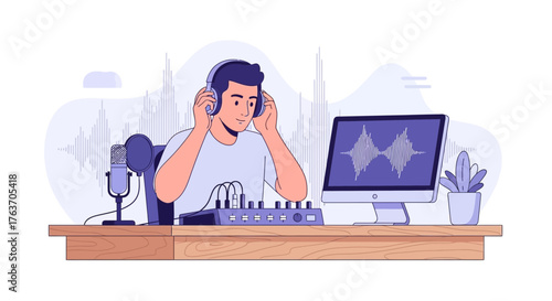 Audio Producer Creating Digital Sound Waves in Modern Recording Studio