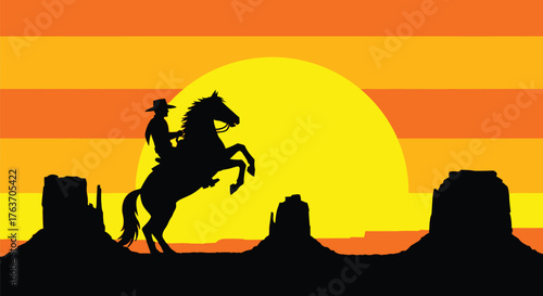 Wild west cowboy riding horse silhouette at sunset illustration