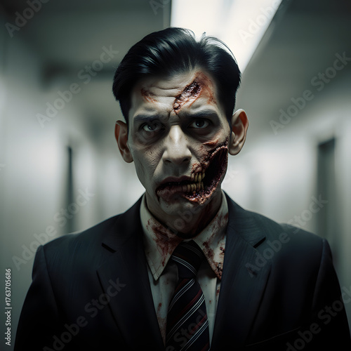Zombie businessman with gruesome facial wounds and business attire in horror makeup

