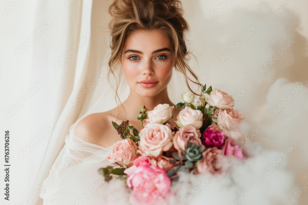 Naklejka premium Elegant Woman With Flowers And Smoke Gentle Light Soft Pink And Peach Roses