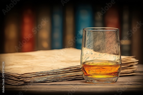 Whiskey glass resting on aged papers with blurred books in the background at a cozy study setting