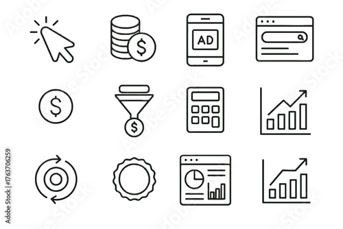 Icons symbol advertising icon sponsored chart per budget calculator stack ppc vector