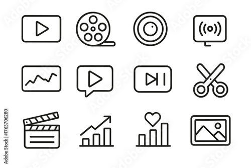 Clapperboard icons marketing vector video button stream play frame graph analytics icon