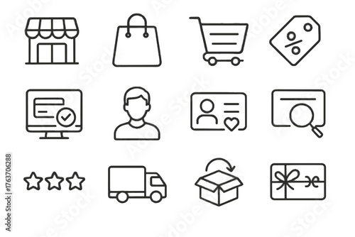 Vector discount online avatar ecommerce grid cart bag gift loyalty icons tag