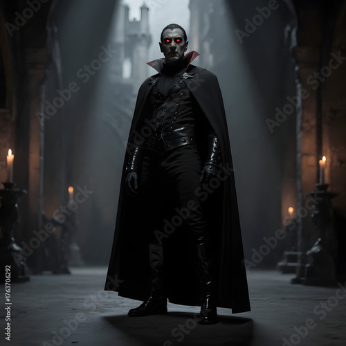 Pale vampire nobleman with glowing red eyes in dark ornate cape in gothic cathedral

