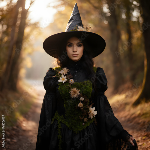 Young witch in black hooded cloak with enchanted wildflower bouquet in autumn forest

