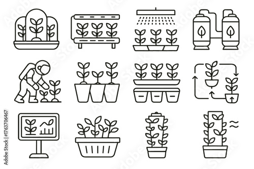 Hydroponic aeroponic led farming basket tanks light vector tower icon tending futuristic