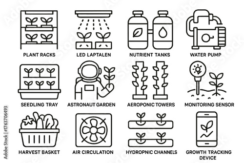 Harvest icons growth channels unit controlled basket panels hydroponic vector icon device