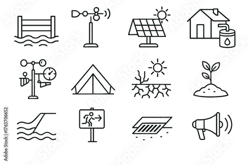 Storm icons sign monitor icon harvesting adaptation vector station levee climate rainwater