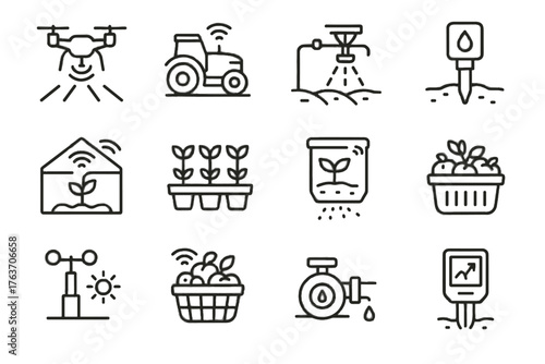 Sustainable icon irrigation agriculture vector tray smart tractor pump drone weather icons